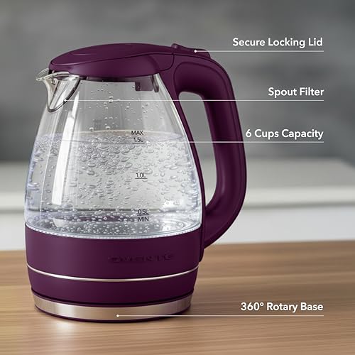 Image of OVENTE Electric Kettle, 1.5L Borosilicate Glass Countertop Water Heater and Boiler for Coffee or Tea, BPA-Free, Auto Shut-Off, Boil-Dry Protection, Removable and Washable Spout Filter, Purple KG83P