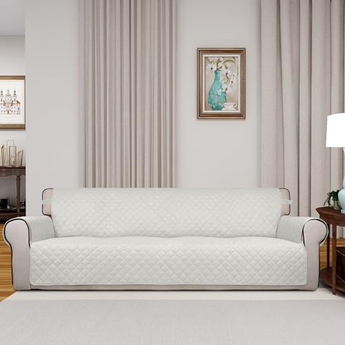 Image of PureFit Reversible Quilted Sofa Cover, Water Resistant Slipcover Furniture Protector, Washable Couch Cover with Non Slip and Elastic Straps for Kids, Dogs, Pets (XX Large, Ivory /Ivory)