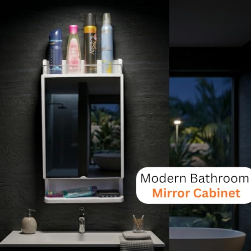 Image of BRANCO Rich Look Bathroom Cabinet with Mirror Premium Cabinet with Secure Storage | Storage Organiser | Strong Plastic Bathroom Shelves Wall Mounted | Mirror Cabinet and Durable Plastic | White