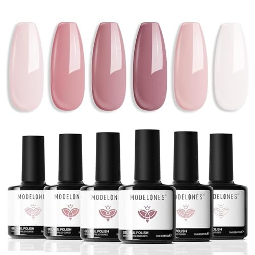 modelones Conjunto de esmaltes em gel - 6 cores nude rosa leitoso branco Conjunto de esmaltes em gel rosa neutro claro Kit inicial de esmaltes com LED Soak Off Barely Pink Presentes populares para manicure DIY