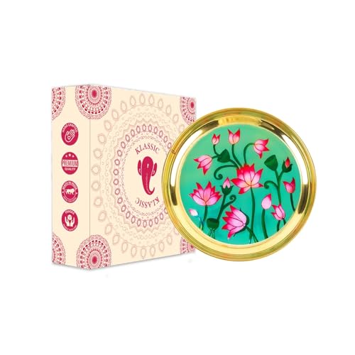 Image of Klassic 8 Inch Handcrafted Brass Thali /Aarti Plate | Lotus Design, Beautifully Embossed Colorful Decorative Plate for Puja /Worship, Aarti, Karwa Chauth, Navratri, Diwali Gifts | (Pack of 1)