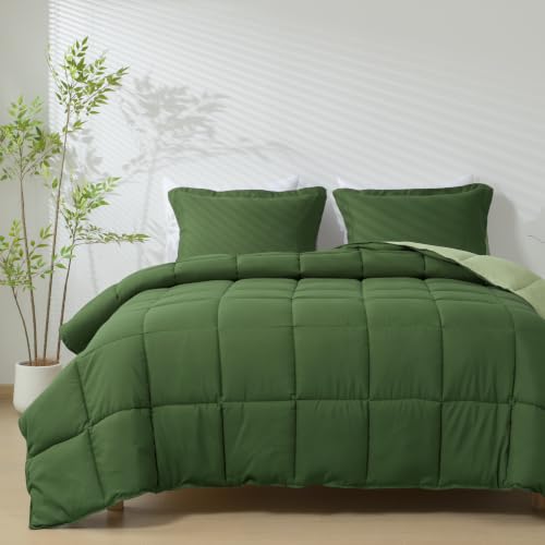 HIG 3pc Green Queen Size Comforter Set - All Season Reversible Down Alternative Bedding Comforter...