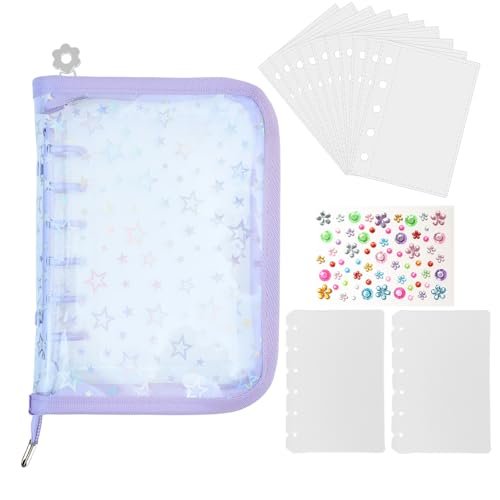 バインダー シール帳 シール収納 A7 パープル 6穴 バインダー カード保護 透明スリーブ10枚 PP紙2枚 軽量 防塵タイプ シール収納 写真収納 星柄タイプ 透明なシール帳