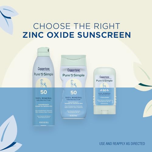 Coppertone Pure and Simple Zinc Oxide Mineral Sunscreen Lotion SPF 50, Water Resistant Sunscreen for Sensitive Skin, Hypoallergenic and Fragrance Free, 6 Fl Oz Bottle, Pack of 2