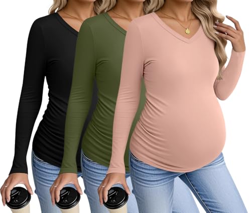 Ekouaer Womens Maternity Shirts Long Sleeve 3 Packs Pregnancy V-Neck Clothes Side Ruched Blouse Tops for Mama Black/Army Green/Dirty Pink M — view 2