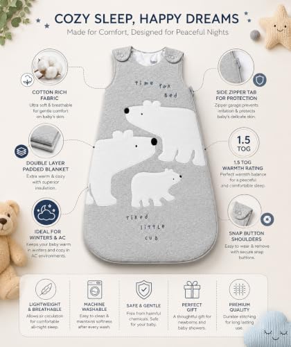 Image of TuddyBuddy Baby Cotton Wearable Quilted Sleeping Bag Blanket 1.5 Tog with 1 Way Zipper Closure | Ideal for Babies & Kids Hypoallergenic Fabrics | (Panda Reversible Blanket - Grey, 12-18 Months)
