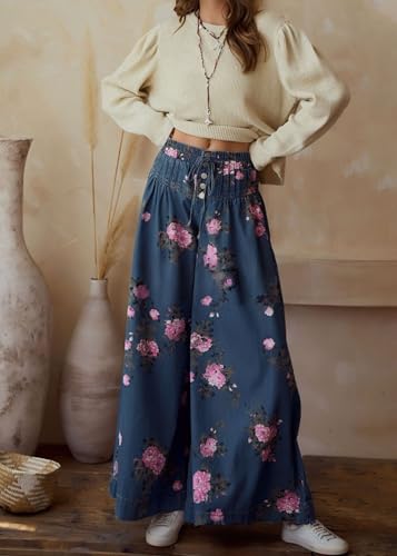 yoeasy Womens Casual Wide Leg Jeans Elastic Drawstring Boho Floral Pleated Denim Pants Y2k Baggy Boyfriend Jeans2