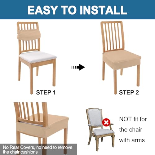 Image of Smiry Waterproof Seat Covers for Dining Room Chairs, No Rear Covers | Stretch Jacquard Removable Washable Chair Seat Slipcovers Protector, Set of 6, Khaki