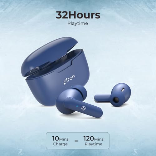 Image of pTron Basspods P81 in-Ear Wireless Earbuds, Pristine Sound, 32Hrs Playtime, Clear Calls TWS Earbuds, Bluetooth V5.1 Headphone, Type-C Fast Charging, Voice Assist & IPX4 Water Resistant (Blue)