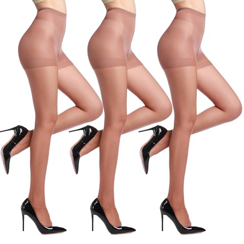 DIKER 3er-Pack Strumpfhosen Damen 20 DEN Strumpfhosen für Damen Dünn mit Hoher Elastizität und Hohe Taille Verstärkte Fußspitze Seidig Matte Optik Braun