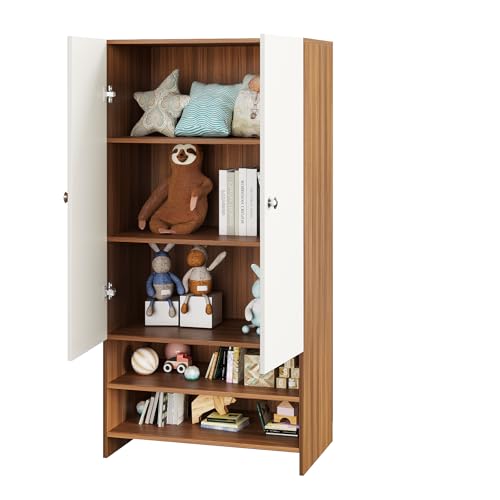 Image of FURNEASER YSH Engineered Wood Wardrobe Almirah for Clothes with 2 Doors & Open Shoe Rack | Wooden Closet Cabinet Organizer for Bedroom Living Room | Storage Cupboard (Exotic Teak & White 2)