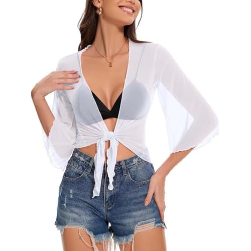 Women's Short Cardigan Bolero Shrug Sheer Tie Front Top 3/4 Sleeve Jacket for Dress (White,S)