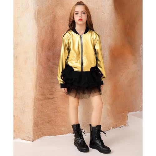 Perfashion Metallic Bomber Jacket for Girls Zip Up Cropped Jacket Sparkly Lightweight Coat Windbreaker with Pockets4