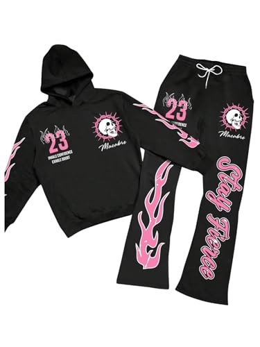 VIPWOLF Men's 2 Piece Sweat Suits Long Sleeve Y2K Graphic Hoodies and Flared Sweatpants Set Black Number Large