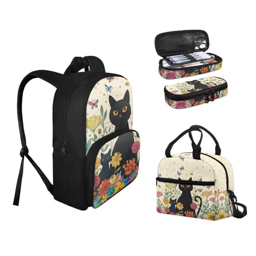 3Pcs Daisy Cat Print Backpacks Sets for Girls, Kids Backpack School Bookbags with Insulated Lunch Box Pencil Case for School Elementary Students2