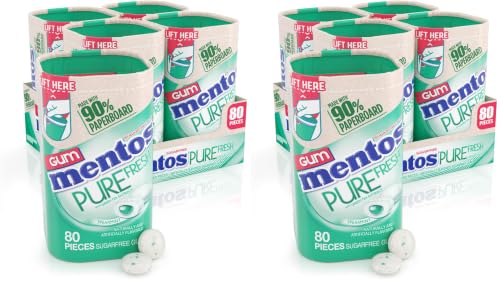 Mentos Pure Fresh Sugar-Free Chewing Gum with Xylitol,Spearmint,in a recyclable 90% Paperboard Bottle,80 Piece Bottles,(Pack of 8)