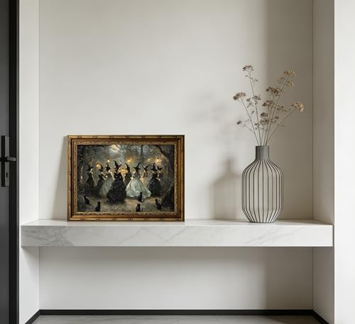 Vintage Gold Framed Canvas Wall Art Dark Academia Gothic Black Cat Painting Picture Wall Decor Halloween Moody Aesthetic Witches Dancing Scene Forest Poster Print Artwork for Living room Bedroom — view 4
