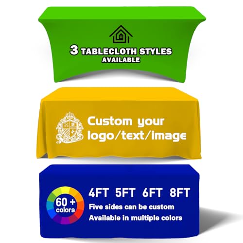 Customized Tablecloth with Logo 4/5/6/8/10FT for Business Tradeshow Events Company School Shop Welfare Organization Other Important Events Shipping Next Day (Flat Tablecloth, 5FT Back Open)
