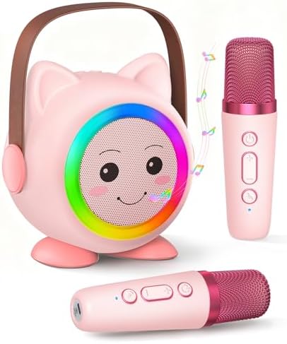 Mini Karaoke Machine Toy for Kids, Portable Karaoke Machine with 2 Wireless Microphone for 4,5,6,7,8,9,10,11,12+ Years Old Christmas Birthday Gifts Girls Boys (Pink)