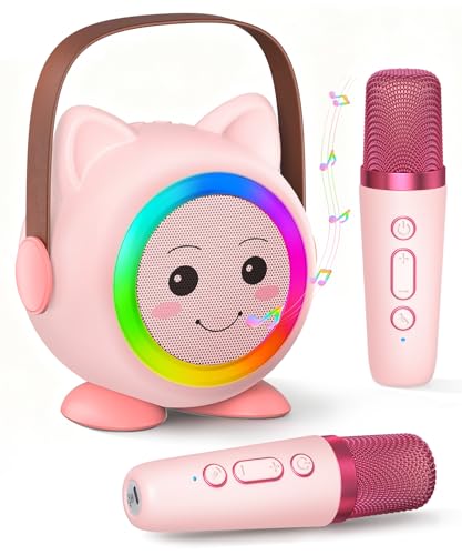 Mini Karaoke Machine Toy for Kids, Portable Karaoke Machine with 2 Wireless Microphone for 4,5,6,7,8,9,10,11,12+ Years Old Christmas Birthday Gifts Girls Boys (Pink)