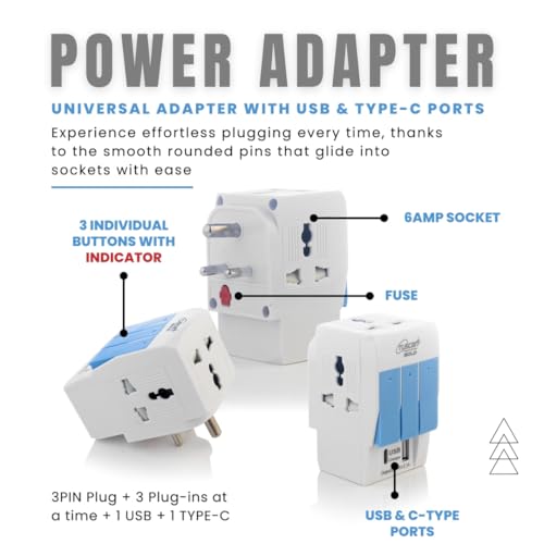 Image of Hi-PLasst 3 Pin Multi Plug | Universal Conversion Multiplug with Type A and Type C USB Charger | Universal Travel Adapter with Individual Switch & LED Indicator | 3 Way Plug Extension with Fuse
