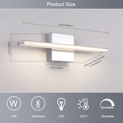 Image of Modern Bathroom Vanity Light 15.7 inch 12W Dimmable 5CCT Led Bath Lights Fixture Over Mirror, Chrome Vanity Light for Bathroom Mirror Cabinets