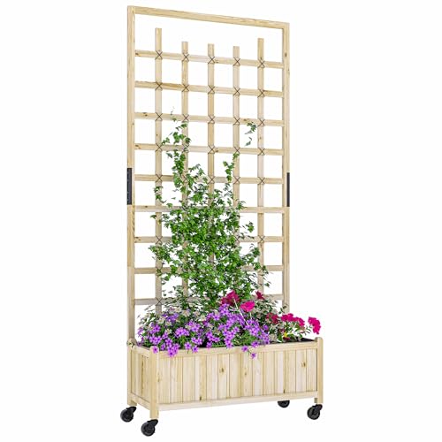 Outsunny Jardinière avec treillis, bac à fleurs avec roues, lit surélevé, pour plantes...