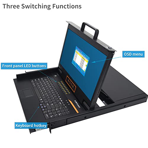 Image of Rack Mount KVM w /17.3 inch LCD Monitor, 16-Port HDMI KVM Switch, 1080@60Hz 1U Integrated Monitor Keyboard, Fits Standard 1U 19 inch Racks, Included 16 USB HDMI KVM Cable, 1 Power Cord, 2 Bracket