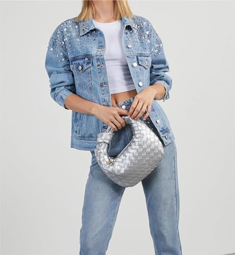 LifeShe Women's Rhinestone Denim Jacket Casual Long Sleeve Jeans Trucker Jacket Coat4