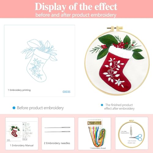 Image of Zhenqing Christmas Stocking Embroidery Kit for Beginners, Red Stocking Needlework Kit with Pre-Printed Fabric, Hoop, Threads & Tools (C0035)