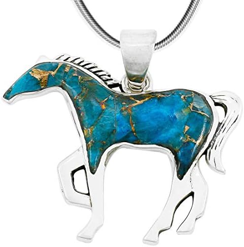 Horse Necklace Sterling Silver Genuine Turquoise & Gemstones with 20" Chain (Teal/Matrix Turquoise)