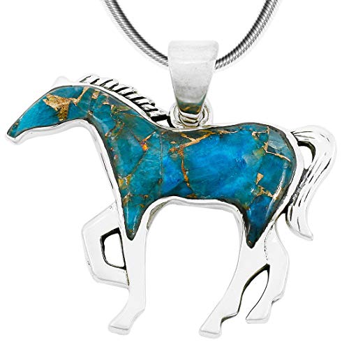Horse Necklace Sterling Silver Genuine Turquoise & Gemstones With 20" Chain (Teal/Matrix Turquoise) #TOP2