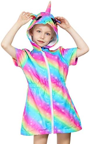 Sylfairy Unicorn Cover Up for Girls Terry Swim Cover Ups Hooded Terry Kids Cover Up Bathing Suit Beach Dress (Rainbow Unicorn, 6-7Years)