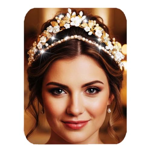 Reaky Blumen-Hochzeits-Diademe und Kronen, goldene Braut-Stirnbänder, Perlen-Kopfschmuck, Strass-Braut-Haarschmuck für Frauen
