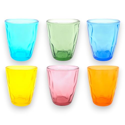 KORAT Set 6 Bicchieri Colorati in Vetro 3 Fantasie – 6 Colori – Bicchieri Acqua, Bevande, Cocktail – Alta Qualità, Lavabili in Lavastoviglie, 250-285 ml (Multicolore, 250 ML, Rigato)