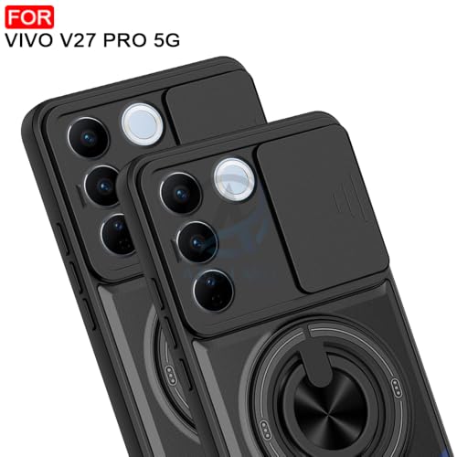 Image of AESTMO Vivo V27 Pro 5G Back Cover | Armor Camera Slider 360 Degree Rotating Finger Ring Holder Case with Bracket Stand Back Case Cover (Compatible with MagSafe Accessories) (Black)