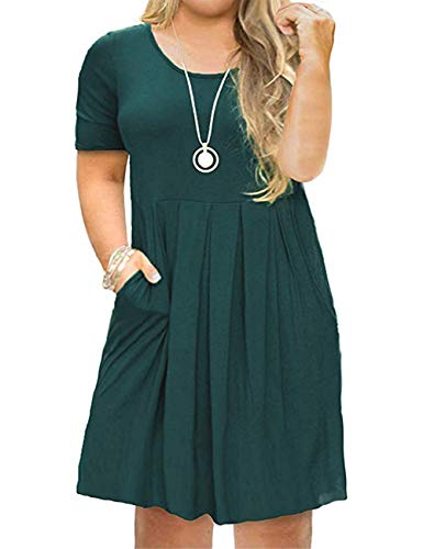 AUSELILY Women's Solid Plain Plus Size Round Neck Short Sleeve Pleated Loose Swing Casual Dress with Pockets Knee Length Dark Teal Hunter Green (22W,Dark Green)