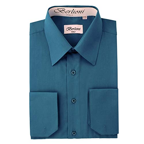 Berlioni Italy French Convertible Cuff Solid Mens Dress Shirt - Teal - L - 34/35