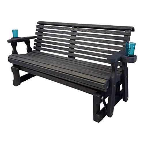 Image of Amish Casual Heavy Duty 800 Lb Roll Back Pressure Treated Porch Glider with Cupholders (5 Foot, Semi Solid Black Stain)