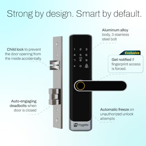 Image of Mygate Smart Door Lock SE with 6 Unlock Methods | Fingerprint, OTP, PIN, RFID Card, Key & Mobile App Access | Unauthorized Freeze & Pin Decoy | Remote Unlocking via OTP| 3-Year Warranty by Mygate