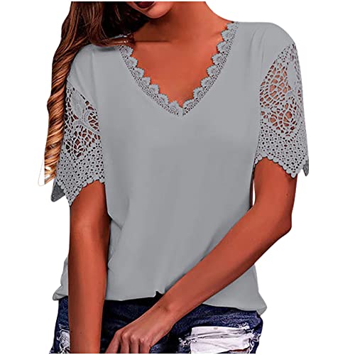 Tshirts for Women Summer Fall Short Sleeve Lace Vneck Neck Loose Fit Long Keyhole Eyelet Tops T Shirt Women 2024