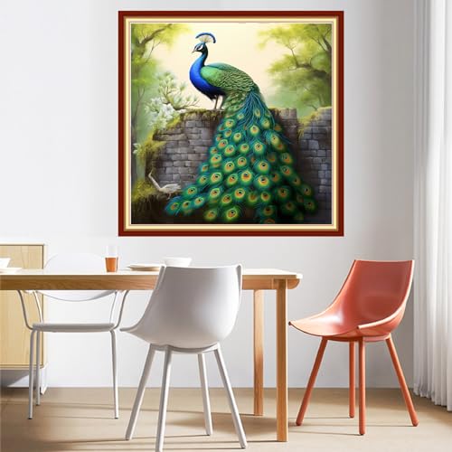 Image of DMCVIVR Stamped Cross Stitch Kits for Beginners Adults Needlepoint Kits for Beginners Embroidery Kits for Adults Crossstitch Kit for Beginners 11CT-Blue Peafowl 18x18 inchs
