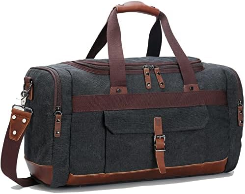 BLUBOON Travel Duffel Bag Canvas Weekender Overnight Carry-on Luggage with Genuine Leather Trim for Women Men (Big Size Dark Grey)