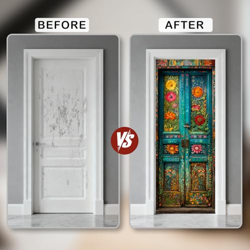 Image of Nuxovilar Floral Art Door Stickers Peel Stick PVC 30.3x78.7 Inches Cover | Door Stickers Wall Decals Peel Stick Cover Vinyl Art Poster Home Bedroom Living Room (Boho Floral)