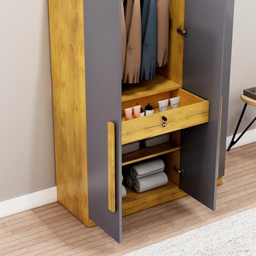 Image of Bniture 3 Door Wardrobe for Bedroom with Lockable Door & Hanging Space | Almirah for Clothes with Elevated Bottom Base | Wardrobe for Storage | 3 Years Warranty (Giant Wood & Slate Grey, HXWB111)