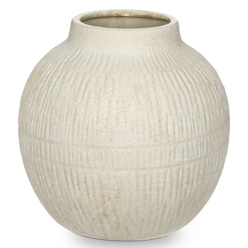 7" Short Round Clay Vase with Vertical Engravings Texture, Sand-Grain