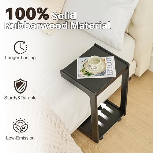 Image of Uniclinens Rolling Side Table for Sofa - C Shape Couch End Table with Wheels, Mobile Wooden Slim Sofa Tray, Movable Small Couch Desk for Living Room Bedroom, Black