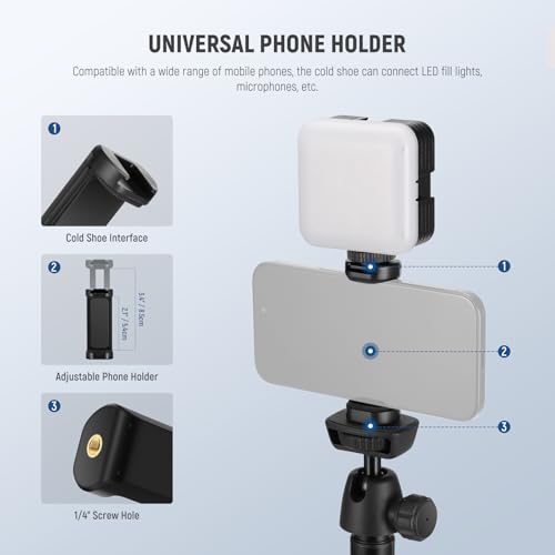 Image of NEEWER Phone Tripod for Camera with Cell Phone Holder & Remote, 62.9 inch All Metal Selfie Stick Travel Vlog Video Recording Portable Stand Compatible with iPhone Canon Sony Nikon, Cleaning Cloth, TS05