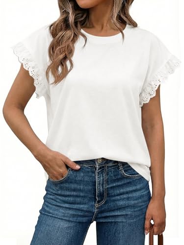 Image of Tankaneo Womens Summer Crewneck T-Shirts Lace Cap Sleeve Tops Dressy Casual Loose Fit Work Basic Tees Outfits 2026