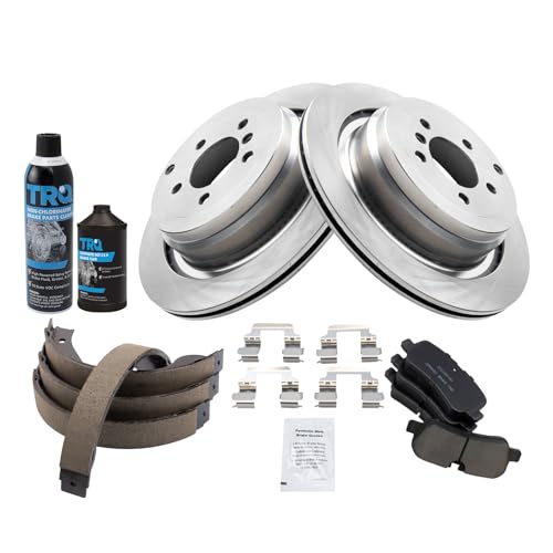 Image of TRQ Rear Brake Pad & Rotor Kit, with Chemical Kit Parking Brake Shoe Set Ceramic Compatible with 2006-2009 Land Rover Range Rover